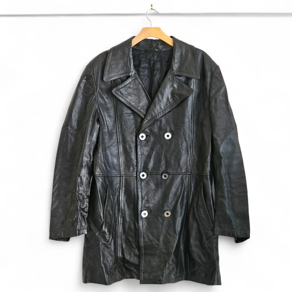 Vintage Black Double-Breasted Leather Coat – Men’s Size Large – Made in Italy - Picture 2 of 6